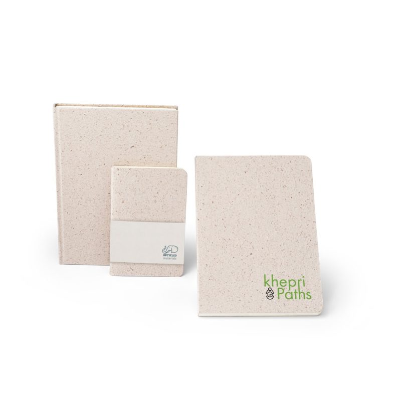 Three eco-friendly notebooks in different sizes.