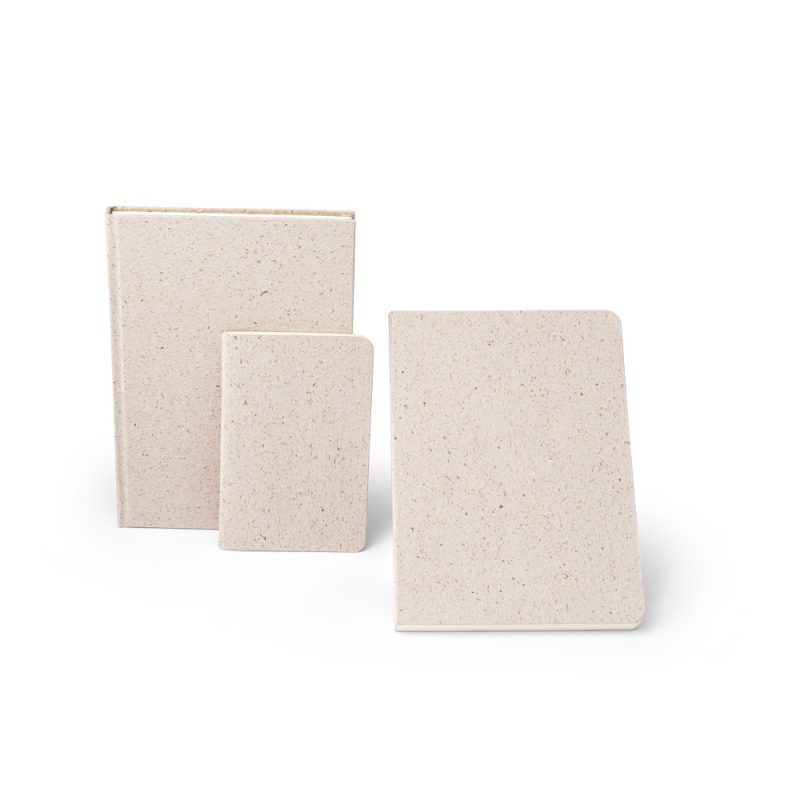 Three beige notebooks of different sizes.