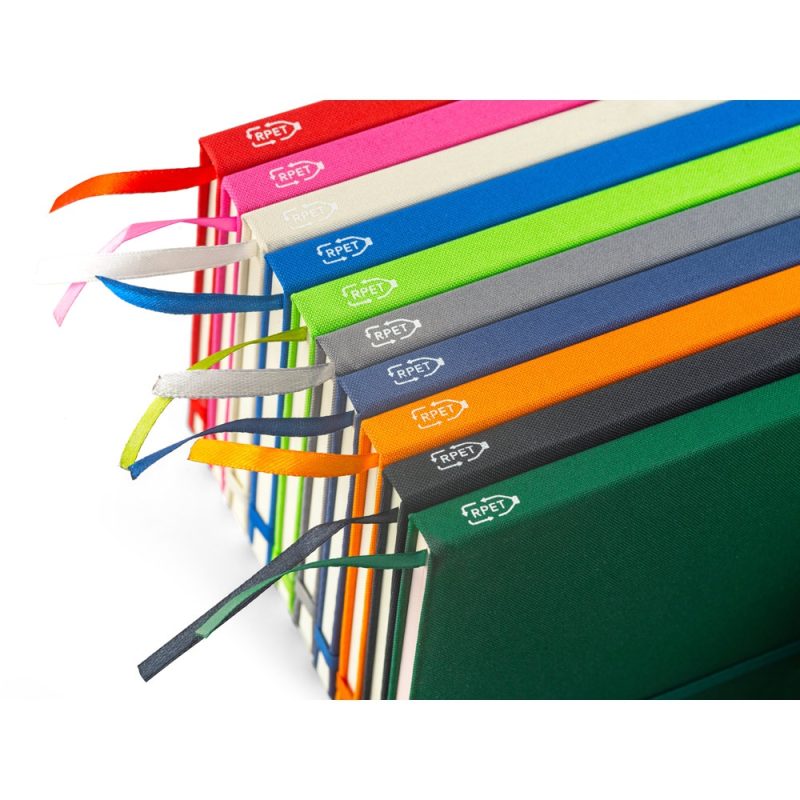 Colourful notebooks with RPET recycled material covers.