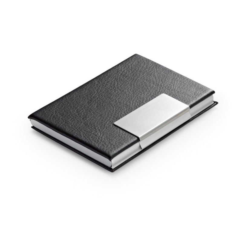 Black leather business card holder with metal clasp.