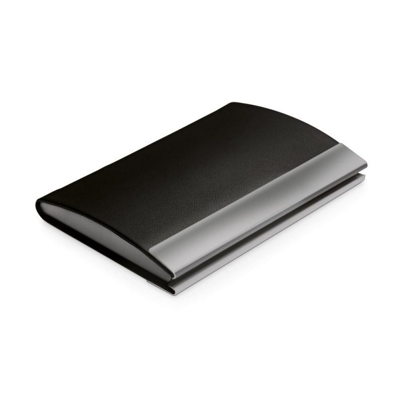 Black leather business card holder on white background.