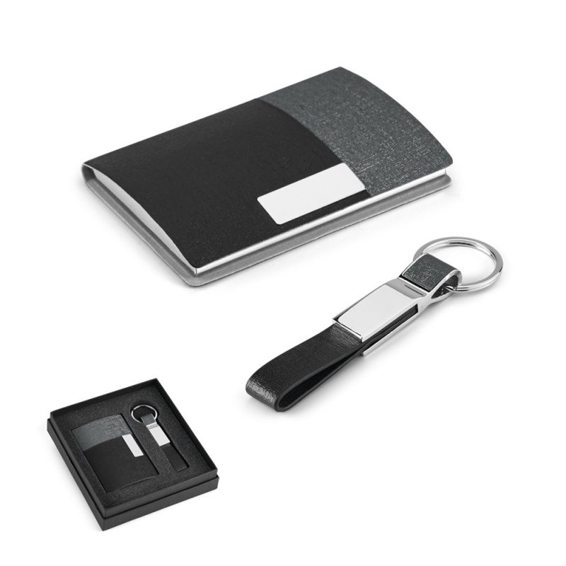 Black business card holder and keyring gift set.