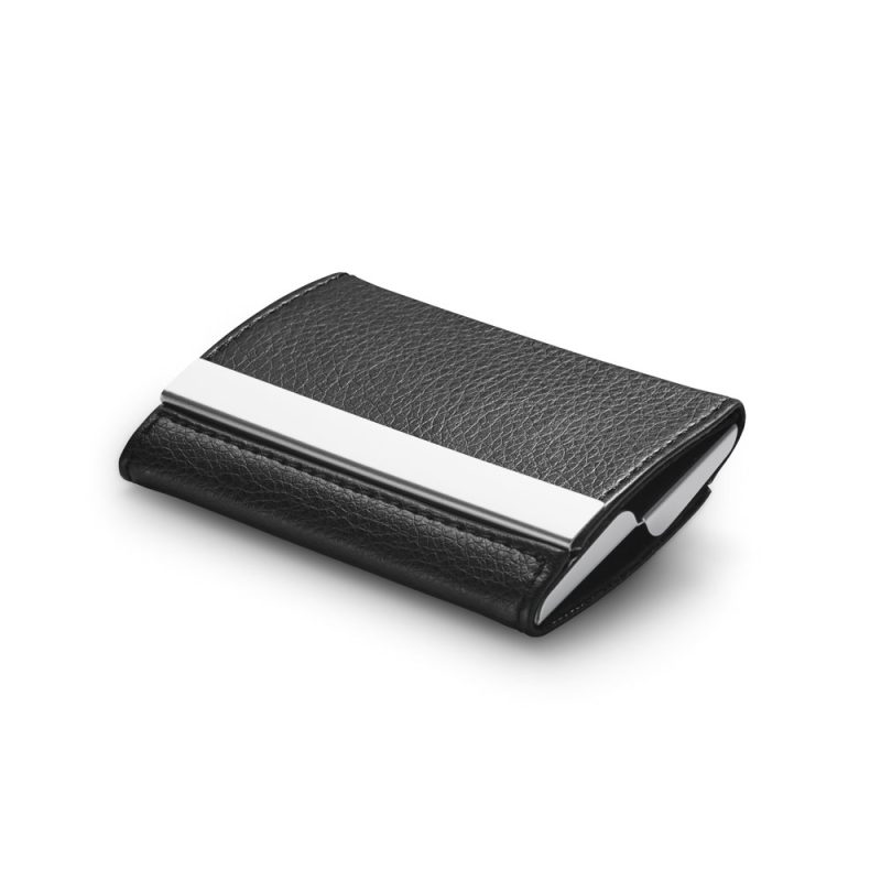 Black leather wallet with white stripe.