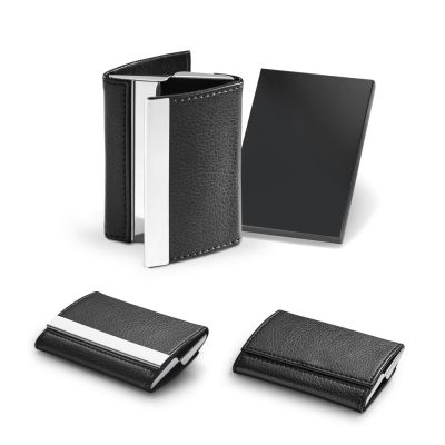 Black leather card holders with metal accents.