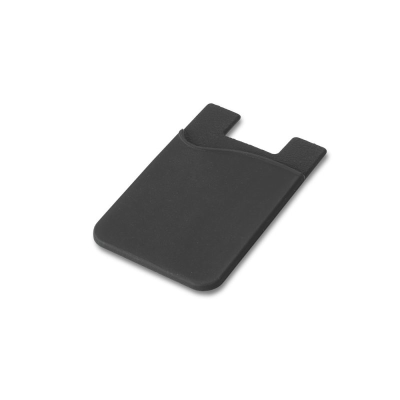 Black silicone phone card holder with adhesive back.
