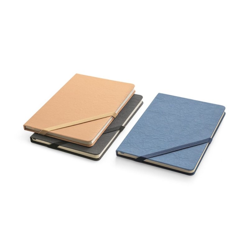 Stack of multicoloured notebooks with elastic bands.