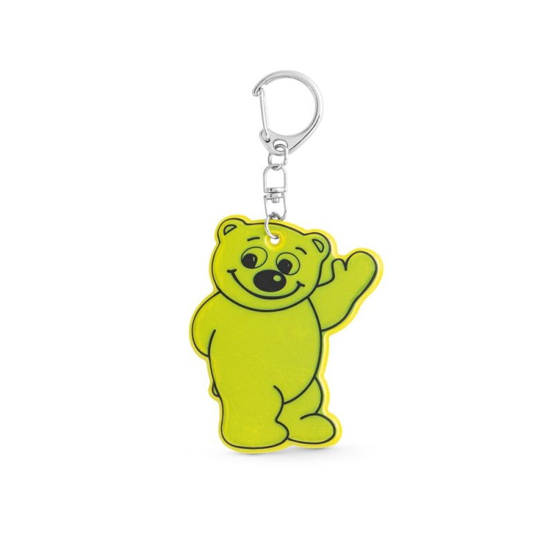 Yellow bear keychain waving, smiling.