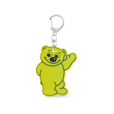 Yellow bear keychain with metal clip waving.