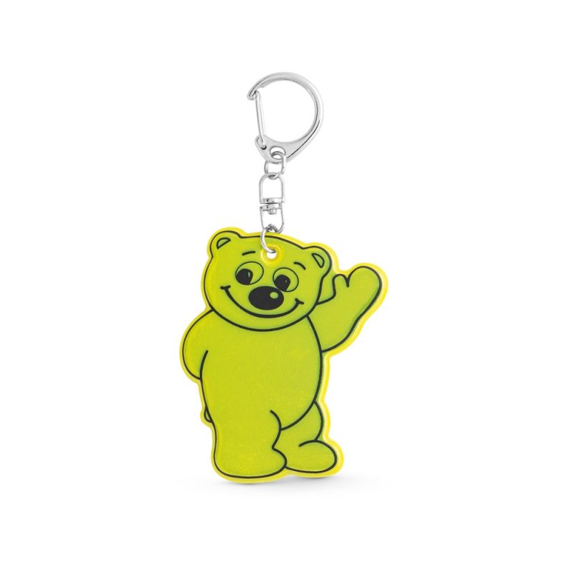 Yellow bear keychain with metal clip waving.