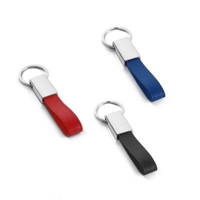 Leather keyrings in red, blue, and black.