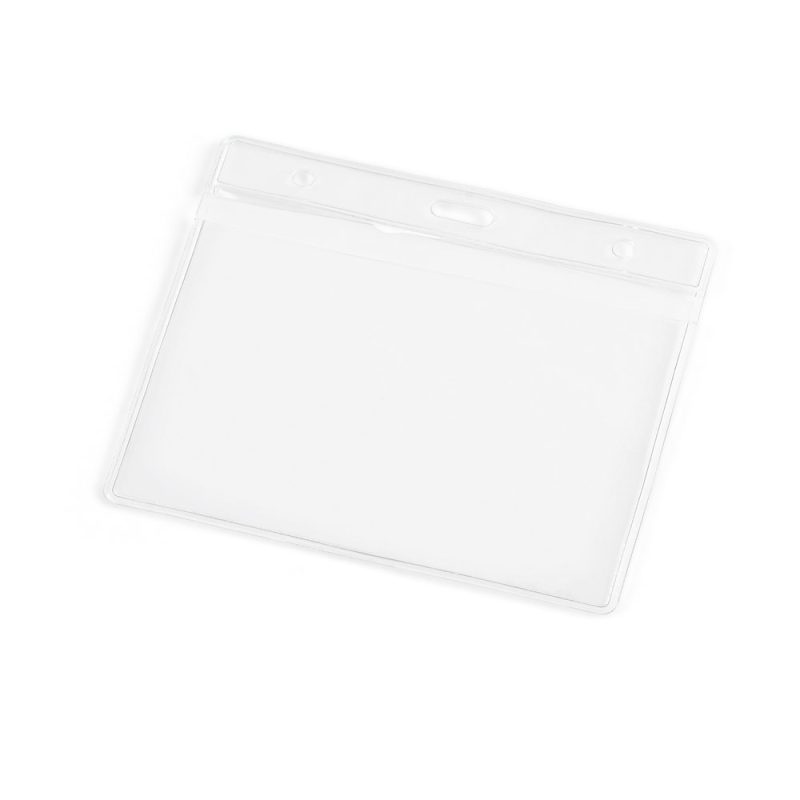 Clear plastic badge holder with hole punch slots.