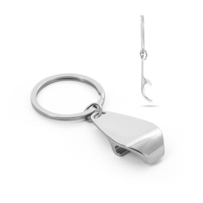 Metal keyring with bottle opener, isolated on white.