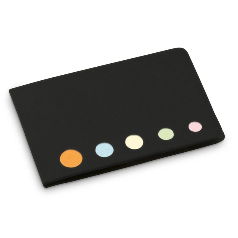 Black notebook with colourful dotted design
