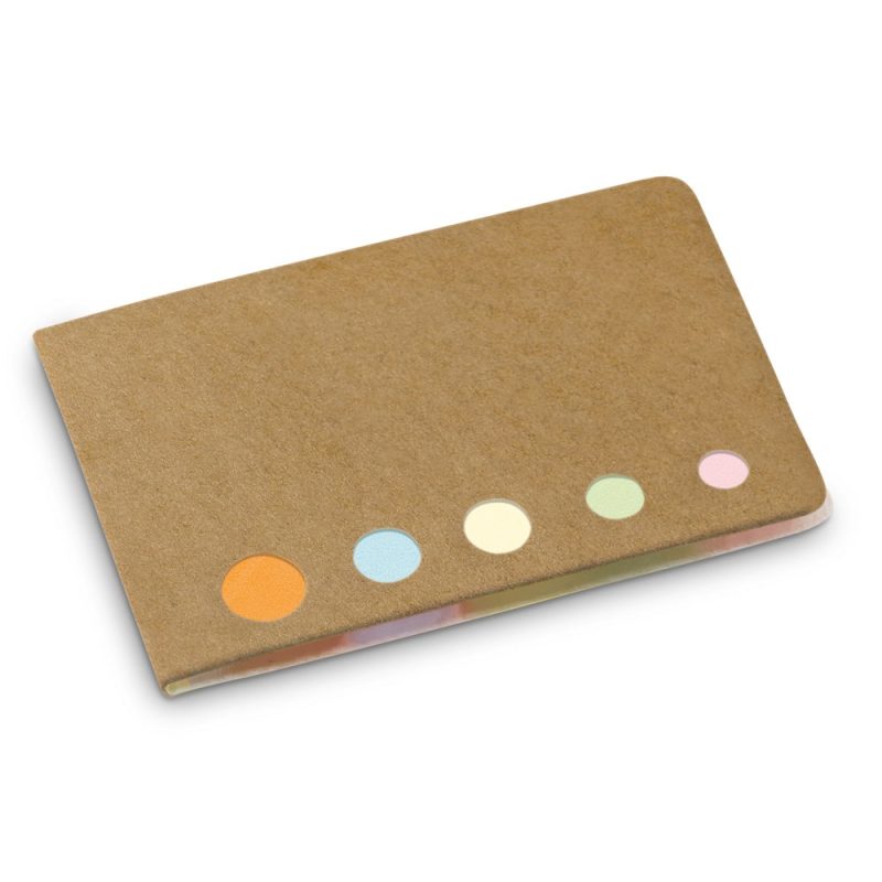 Brown notebook with colourful circular stickers.