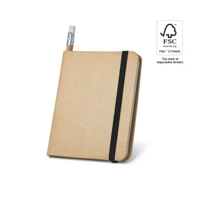 Eco-friendly notebook with pencil and FSC label.