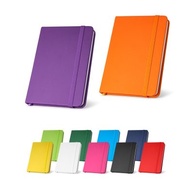 Colourful notebooks with elastic bands displayed.