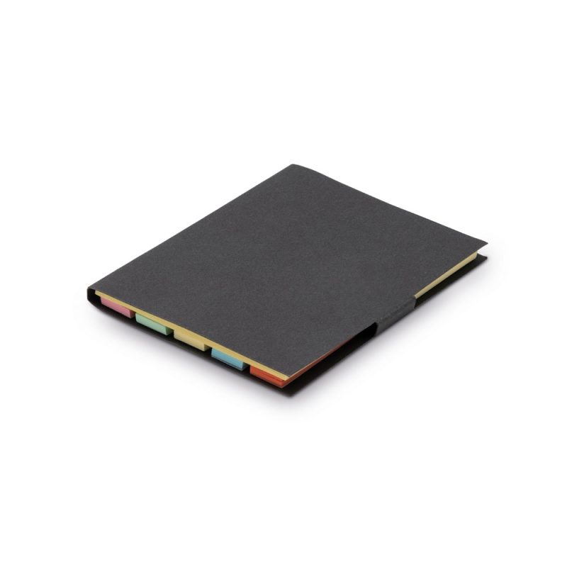 Black notebook with colourful page markers