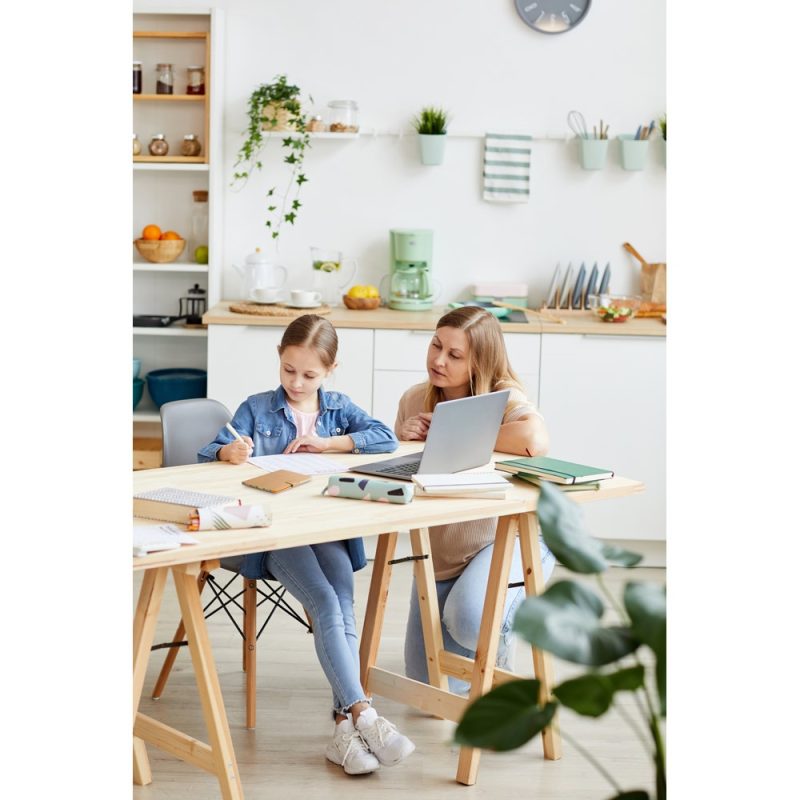 Mother and daughter studying at kitchen table.
