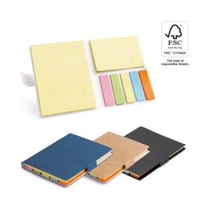 Coloured notebooks with sticky note pages, FSC certified.