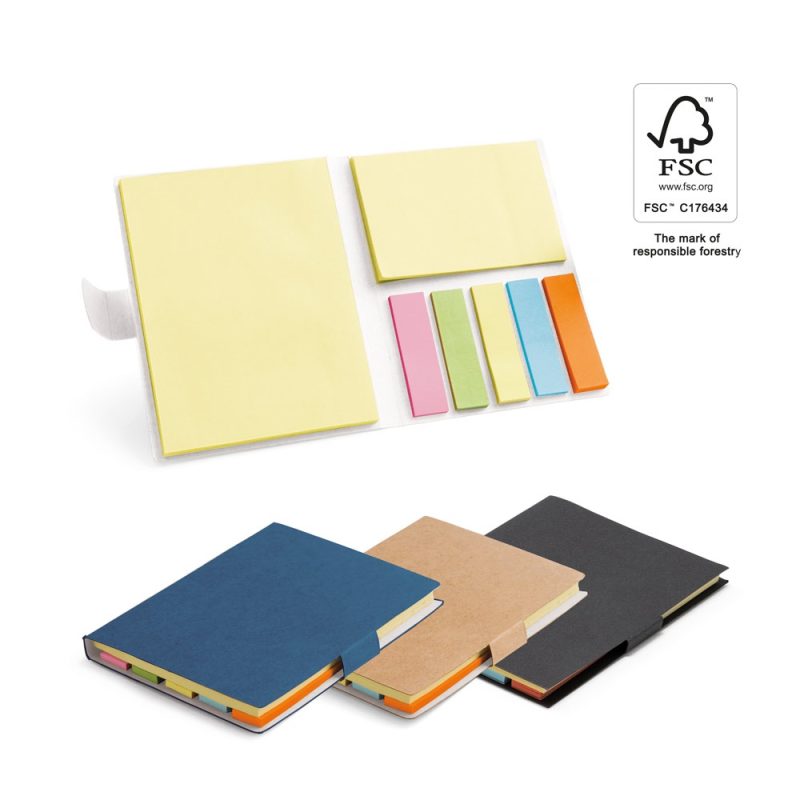 Coloured notebooks with sticky note pages, FSC certified.