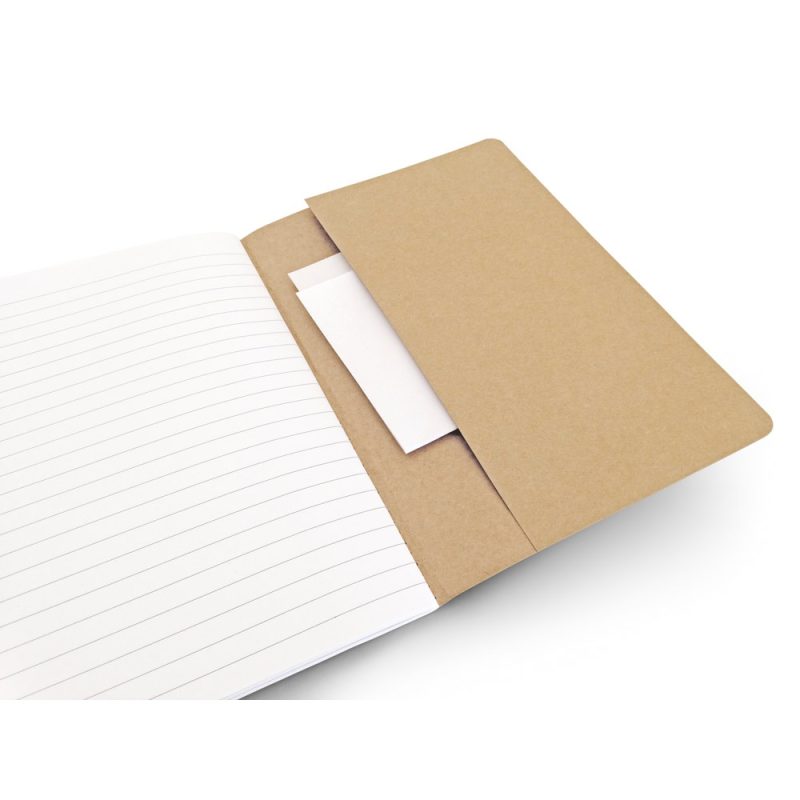 Open notebook with lined pages and folder pocket.