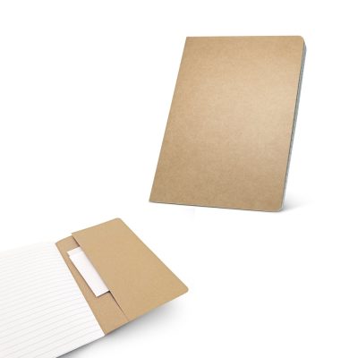 Brown A4 notebook with lined pages and pocket.