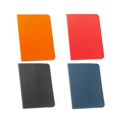 Four coloured notebooks: orange, red, grey, blue