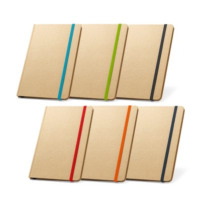 Brown notebooks with coloured elastic bands.