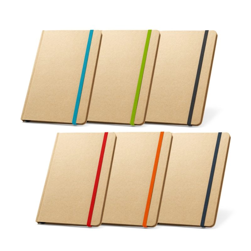 Brown notebooks with coloured elastic bands.