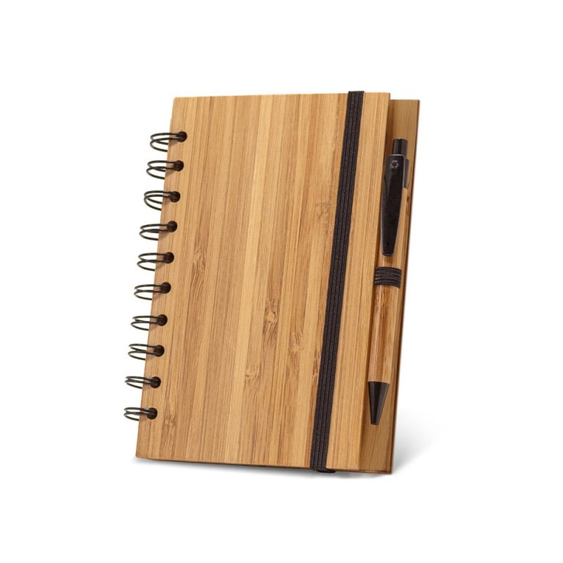 Bamboo notebook with pen and black elastic band.