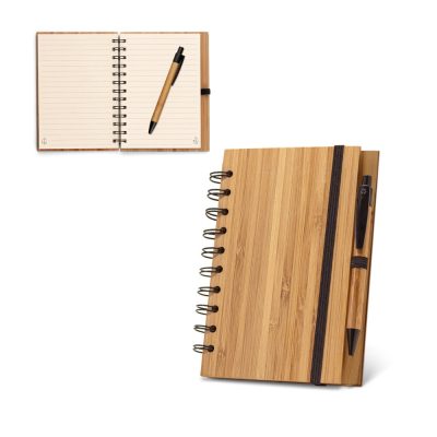 Eco-friendly bamboo notebook with matching pen.