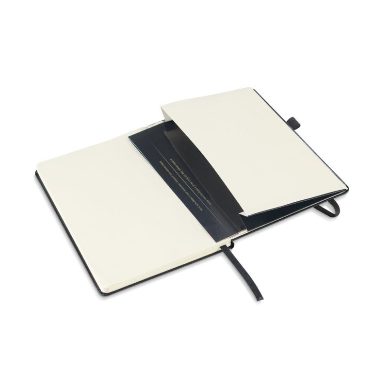 Open notebook with blank pages and pocket.