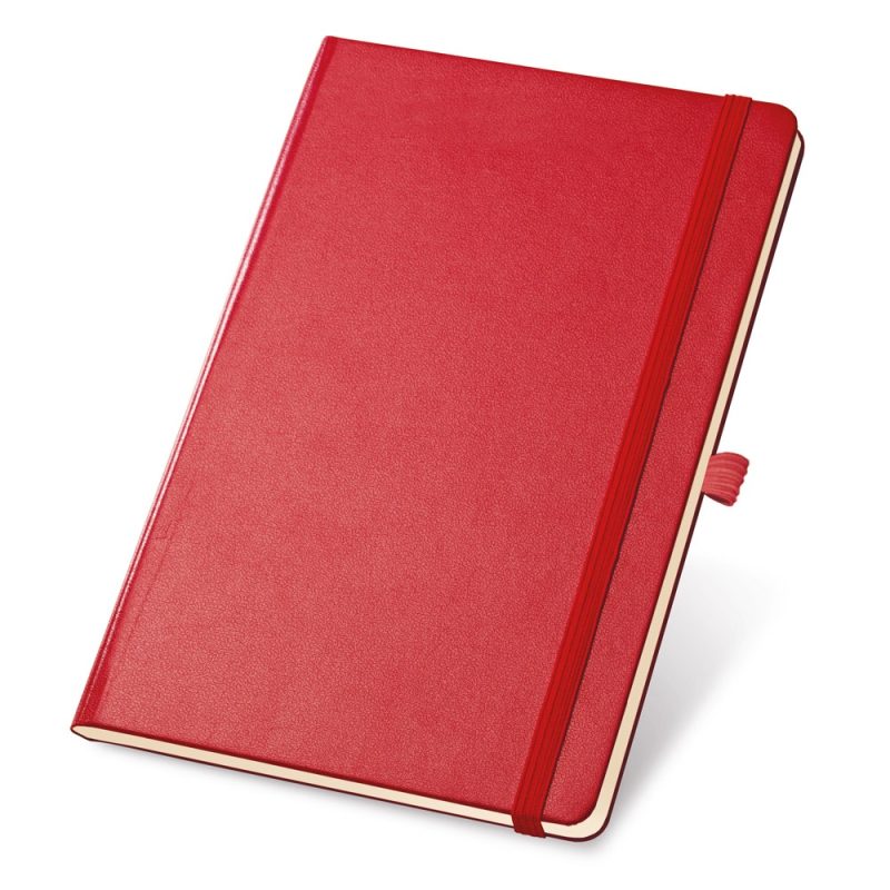 Red hardcover notebook with elastic closure.