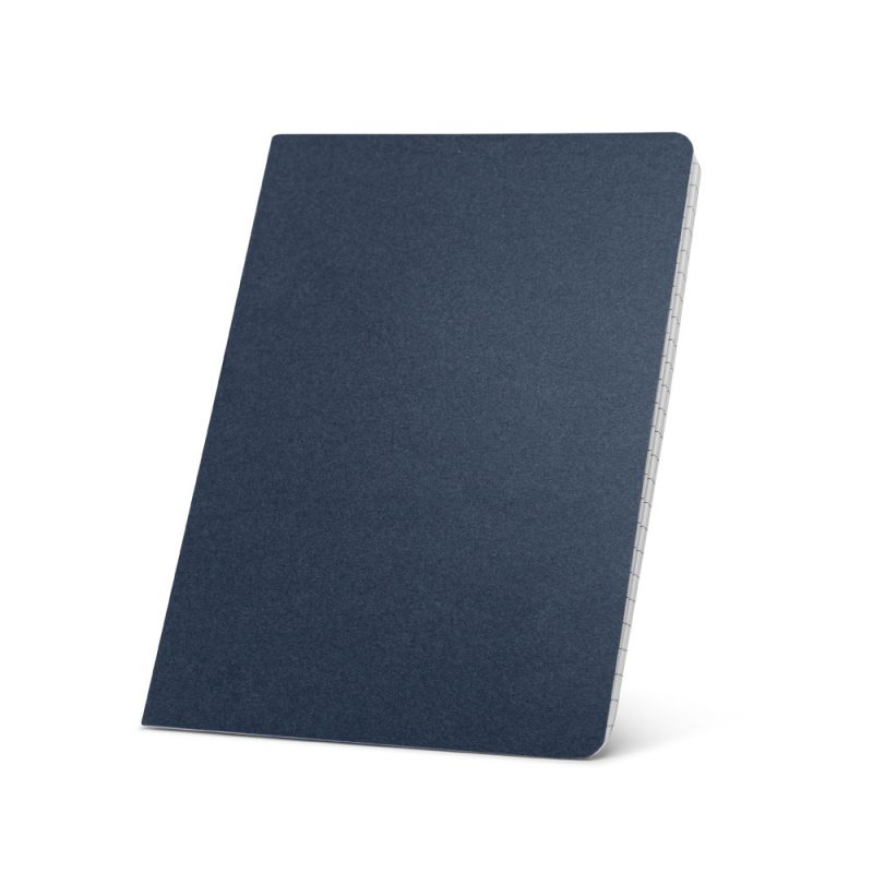 Blue notebook with spiral binding on white background.