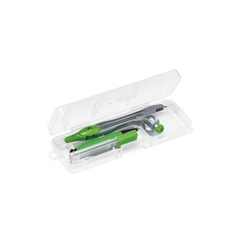 Green geometry set in clear plastic case.