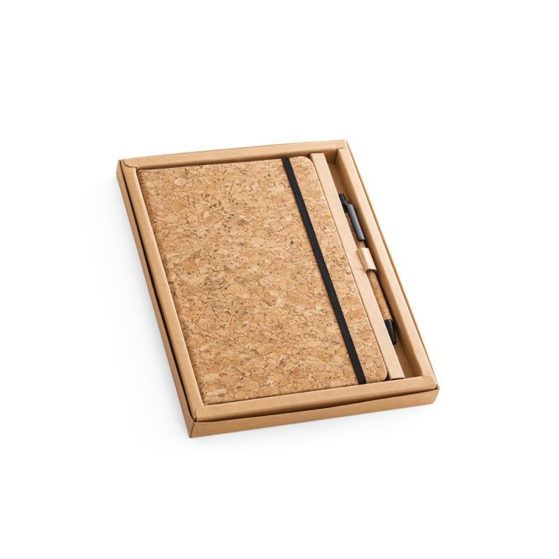 Cork notebook and pen set in cardboard box