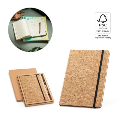 Eco-friendly cork notebook and pen set.