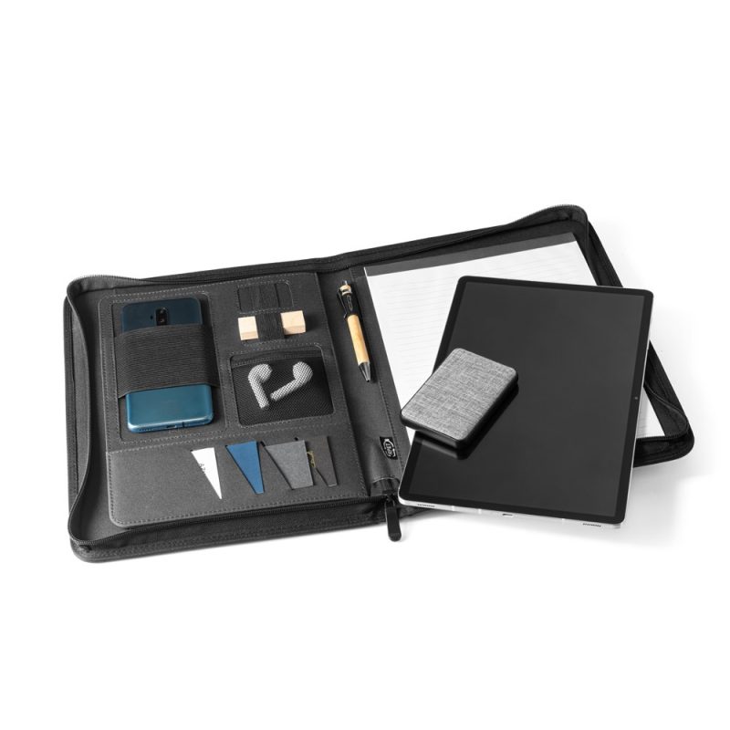 Organiser with phone, tablet, cards, and notepad.