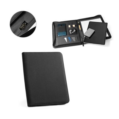 Black organiser folder with tablet and accessories.