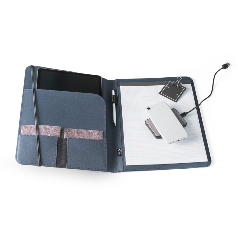 Opened folio with tablet, pen, phone, and notepad.