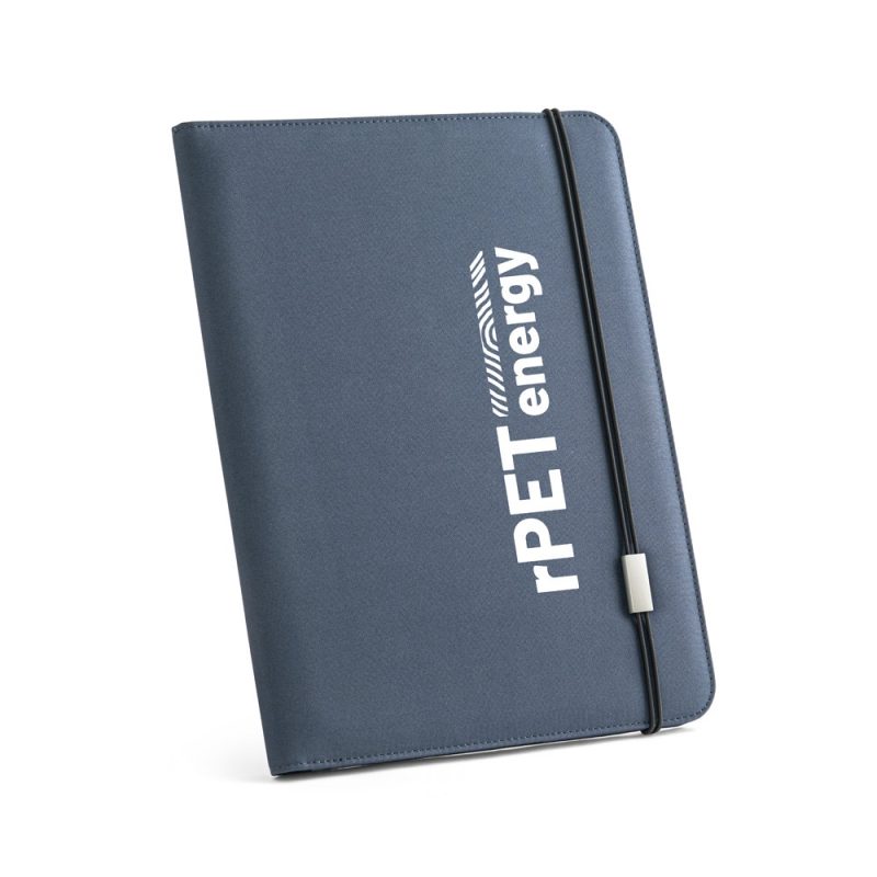 Blue rPET energy folder with elastic closure.