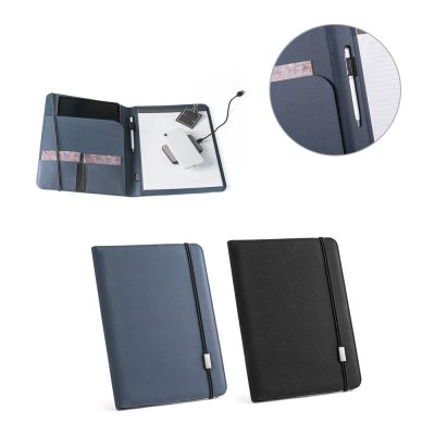 Blue and black document folders with accessories.