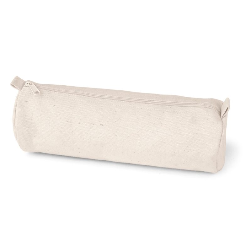 Beige fabric pencil case with zip closure.