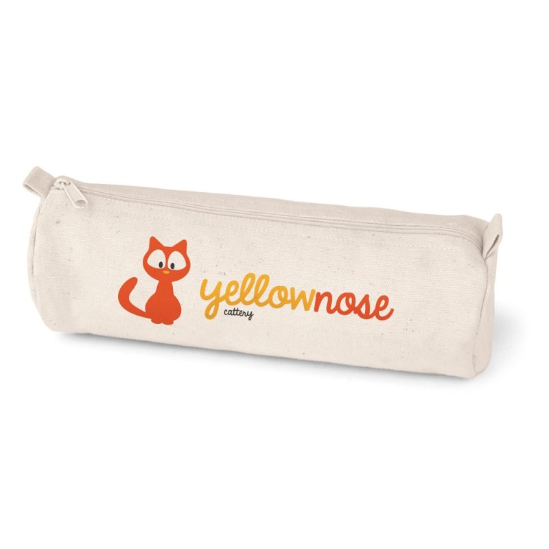 Pencil case with orange cat logo.