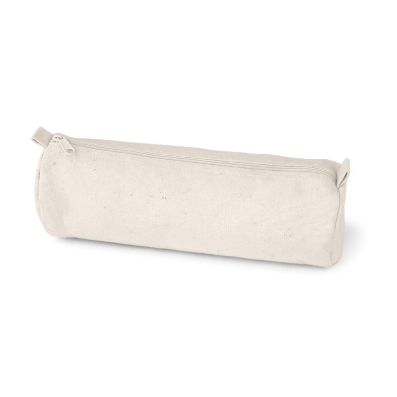 White cylindrical pencil case with zipper closure.