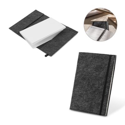 Black felt notebook with white pages and cover