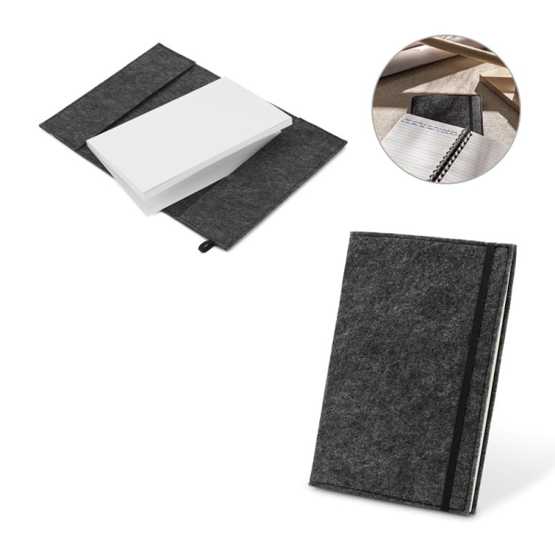 Black felt notebook with white pages and cover