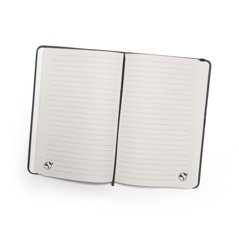 Open lined notebook with recycling symbols on pages.
