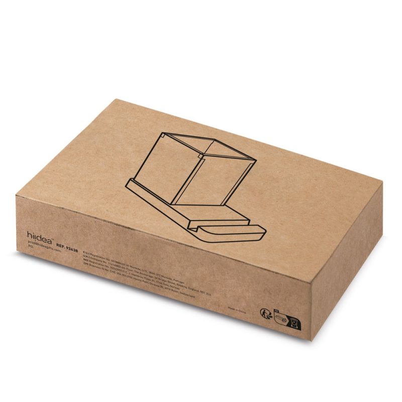 Cardboard box with printed design and labels.