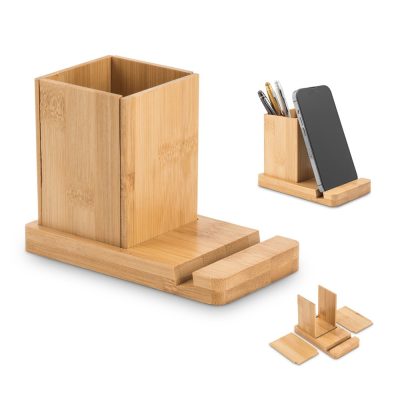 Bamboo desk organiser with phone and pen holder.